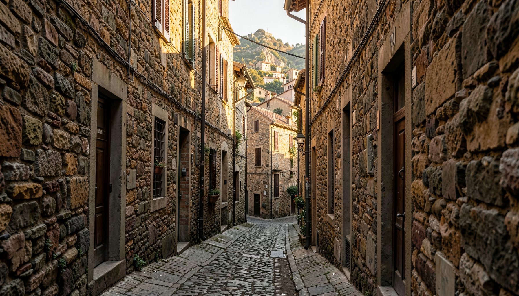 Narrow winding stone street in a historic Italian hilltop village, warm golden light on aged stone walls, quiet and atmospheric