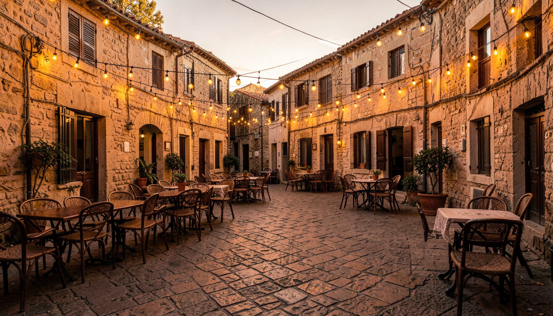 Warm evening light over a stone-paved village square with outdoor tables and string lights, golden and amber tones
