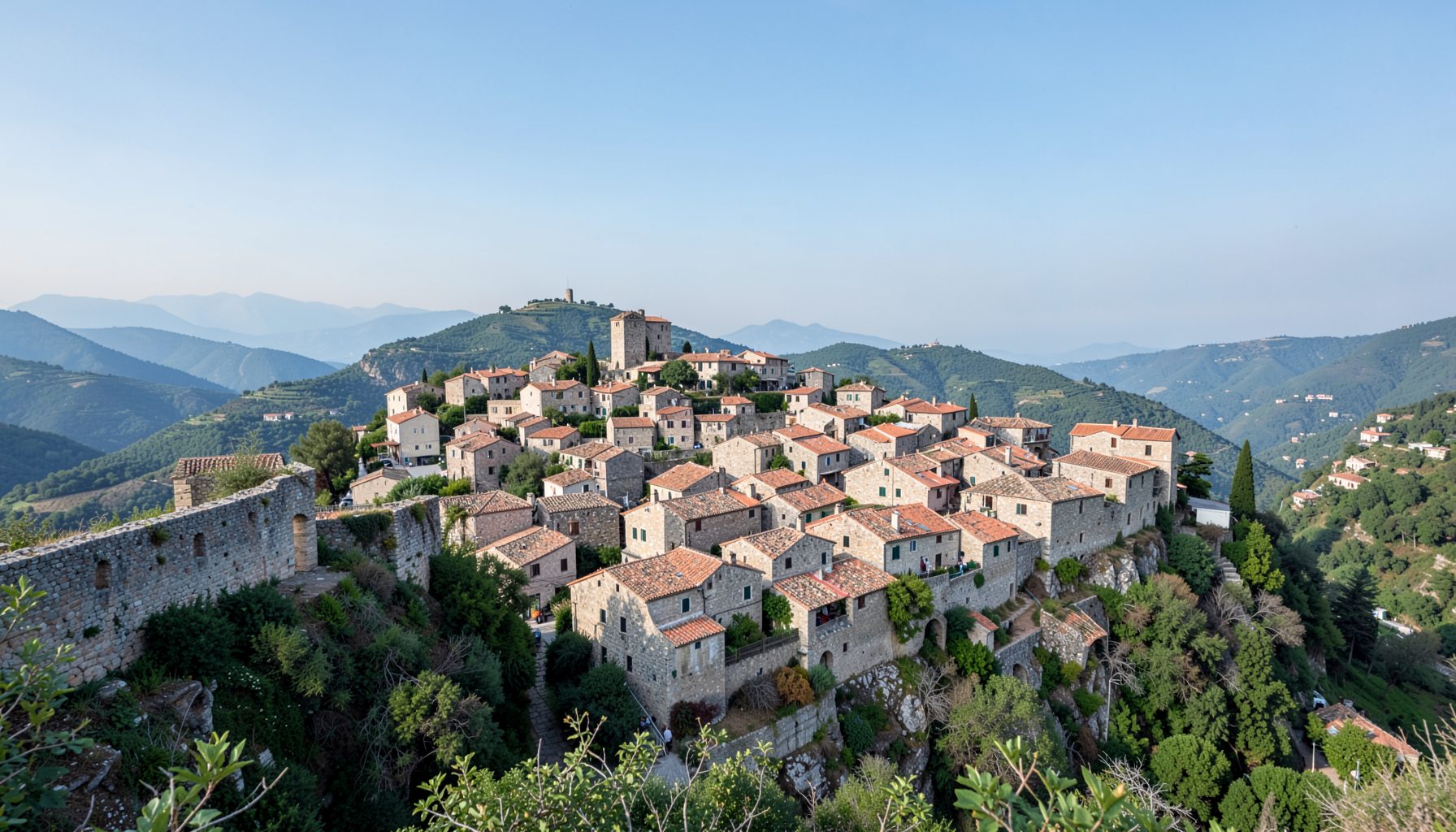 A panoramic view of a historic stone hilltop village with terracotta rooftops, nestled among green hills under a soft blue sky with distant mountains