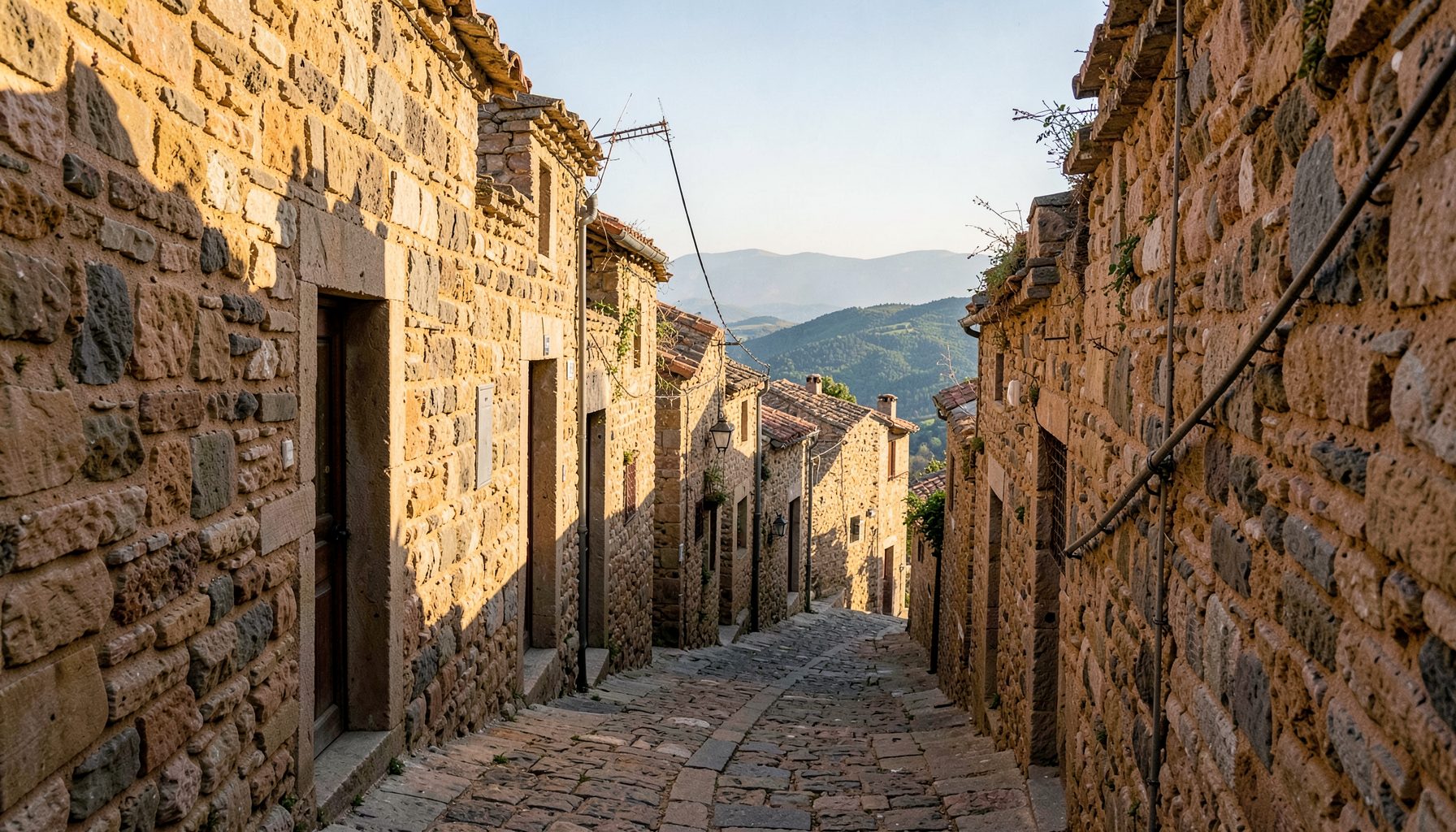 Narrow winding stone street in a medieval hilltop village, warm golden stone walls, soft afternoon light casting long shadows, distant green hills under a pale blue sky
