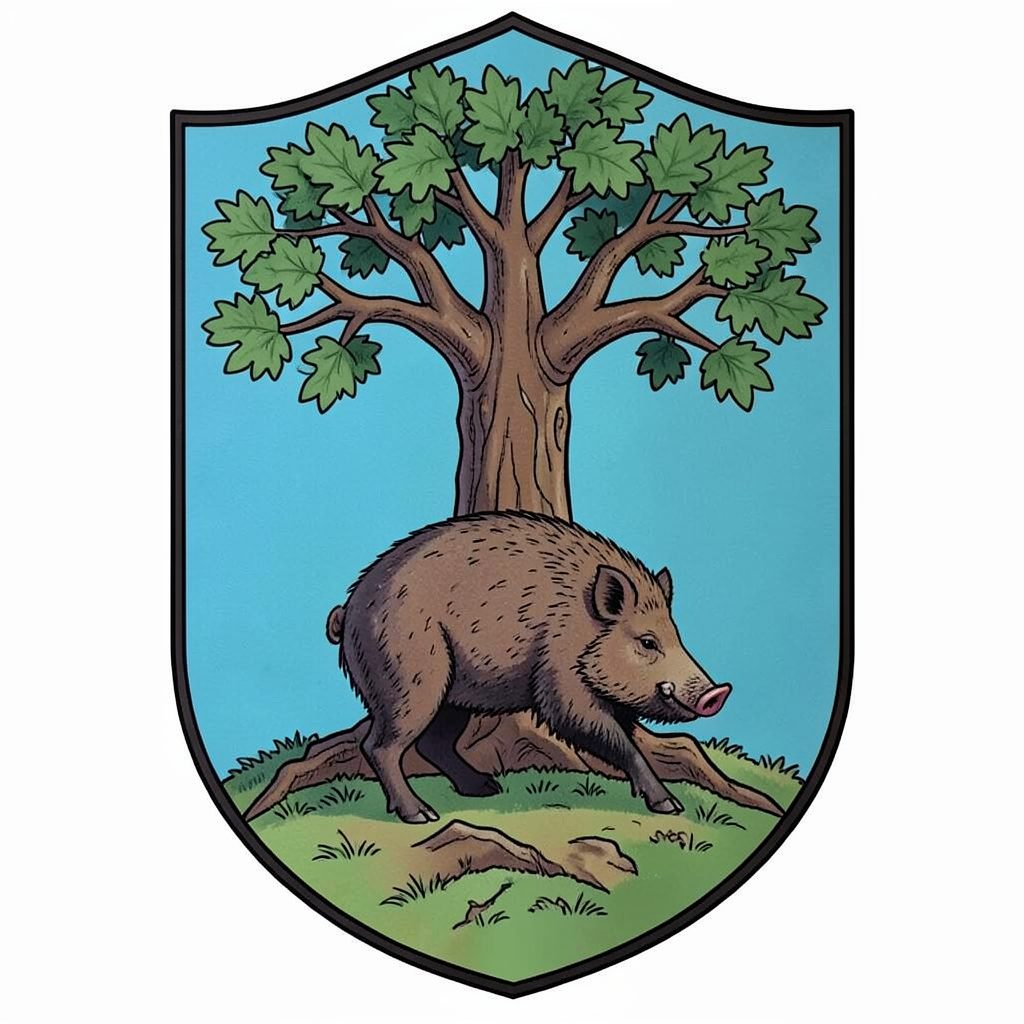 Coat of arms of Labro featuring a wild boar beneath an oak tree